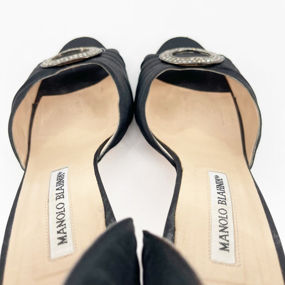 Manolo Blahnik y2k Black Satin Sedaraby Crystal D’Orsay Peep Toe Heels IT 39 - Picture 8 of 11